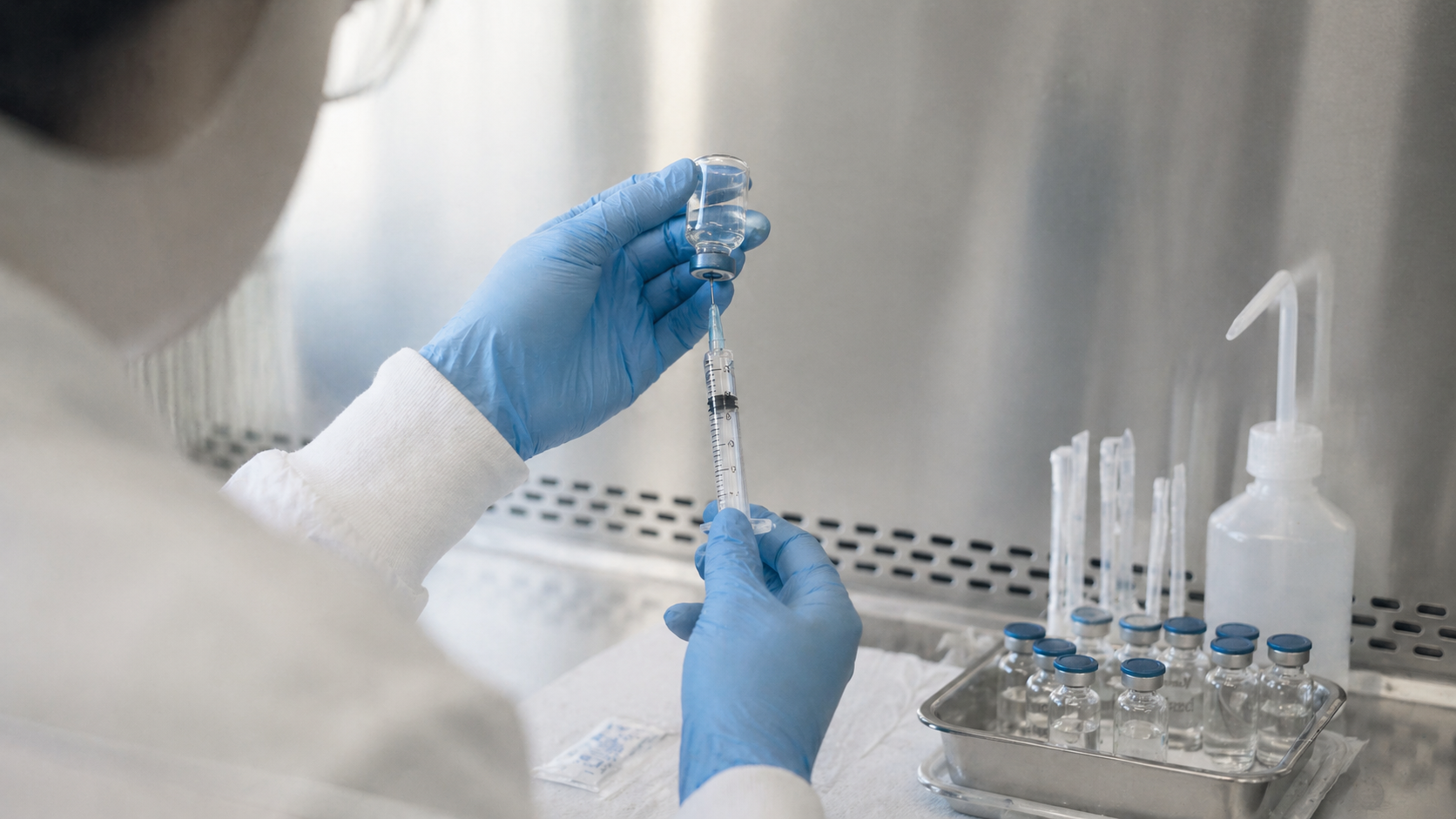 Pharmacist drawing dose at compounding hood