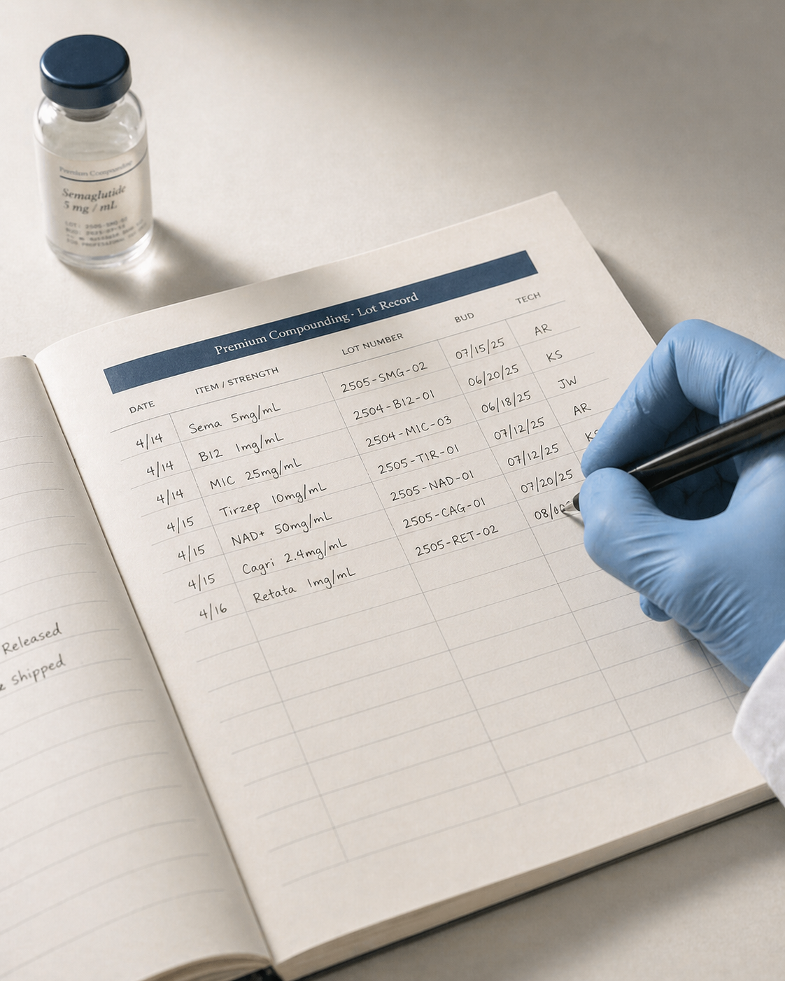 Lot record logbook with gloved hand