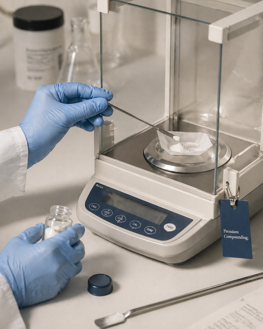 Hands weighing API powder on analytical balance