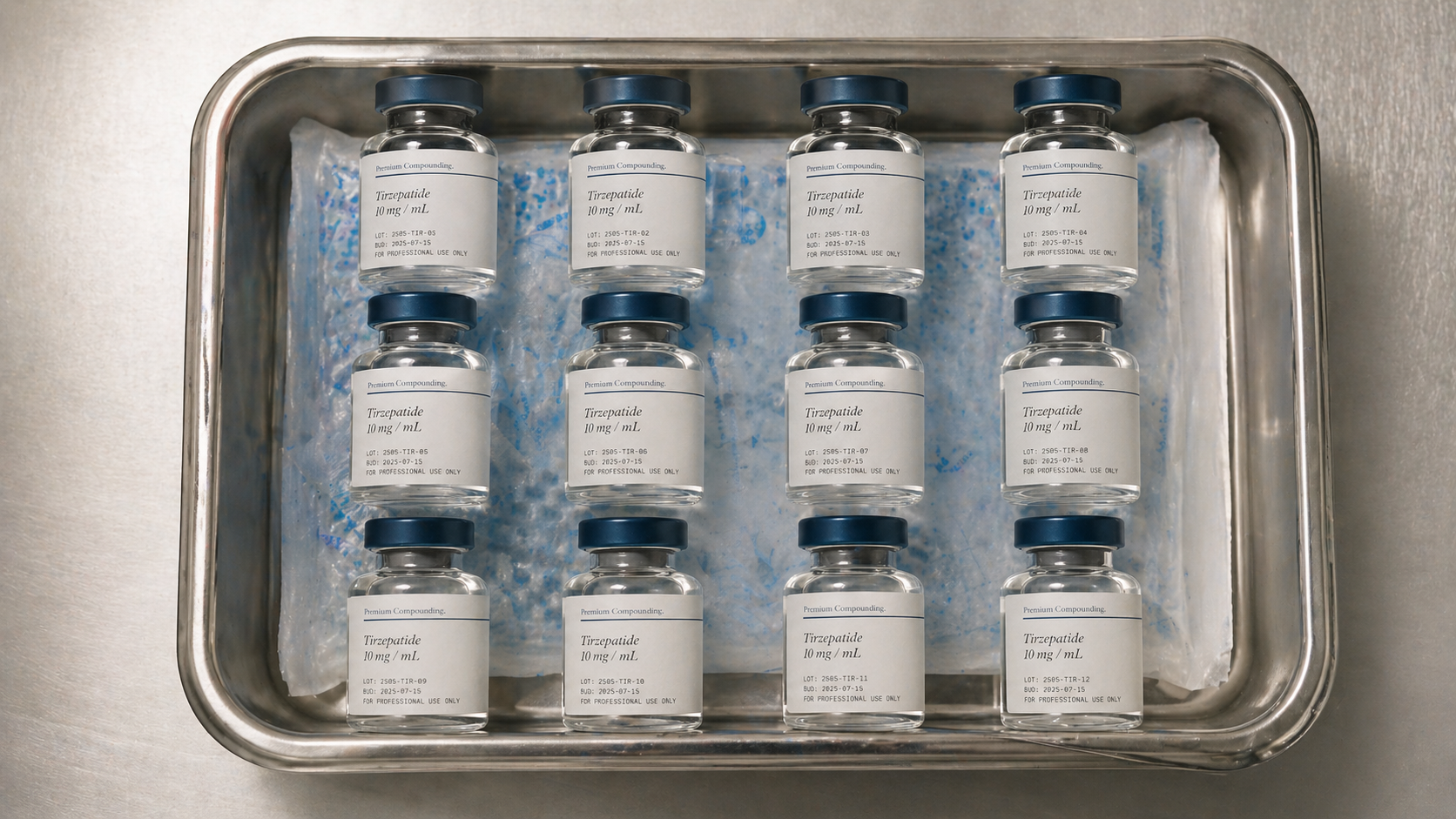 Vial array on stainless cold-chain tray